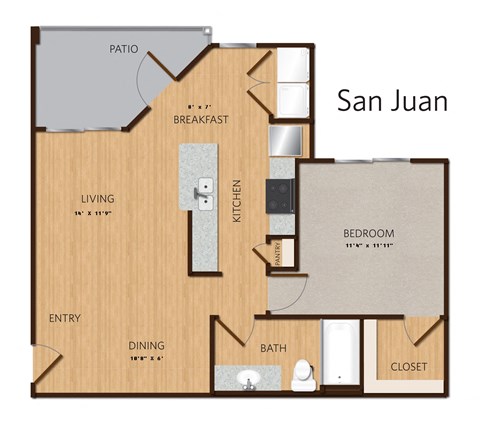 Floor plan for 1 bed, 1 bath, 776 sqft
